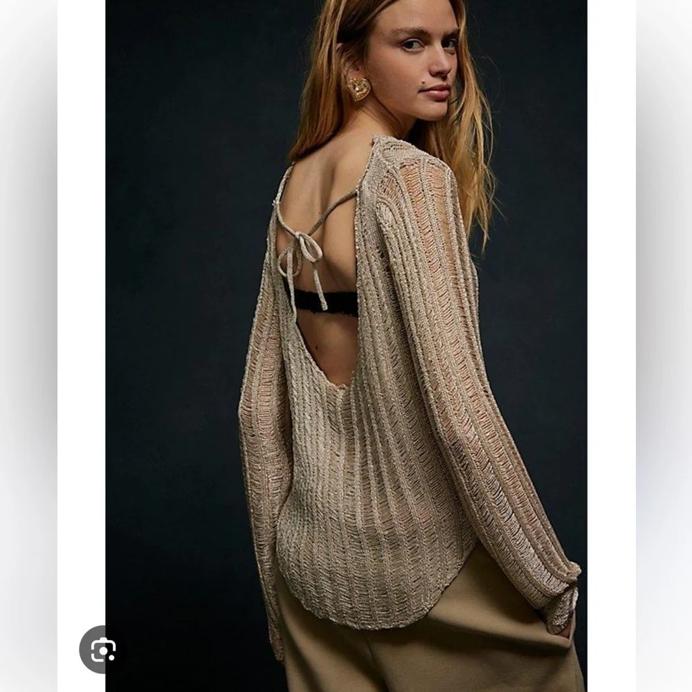 Free People Let’s Dance Long Sleeve Metallic Gold Sweater Top Size XS New